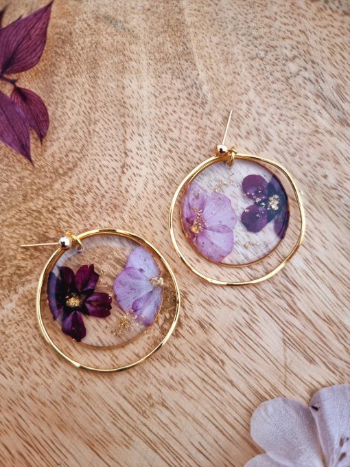 Boucles d'oreilles Naia fleurs pressées rose parme