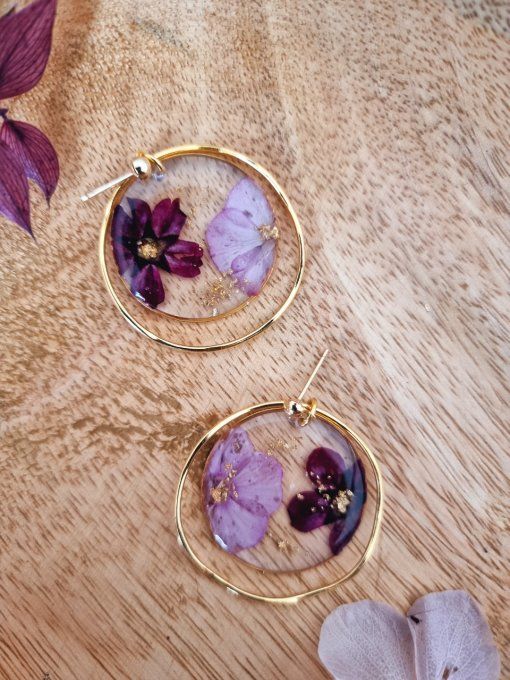 Boucles d'oreilles Naia fleurs pressées rose parme